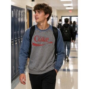 Coca-Cola Mens Graphic Raglan Sweatshirt Grey Blue Enjoy Coke Logo Size M 38/40